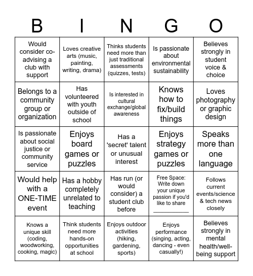 "Find Your Spark" BINGO Card