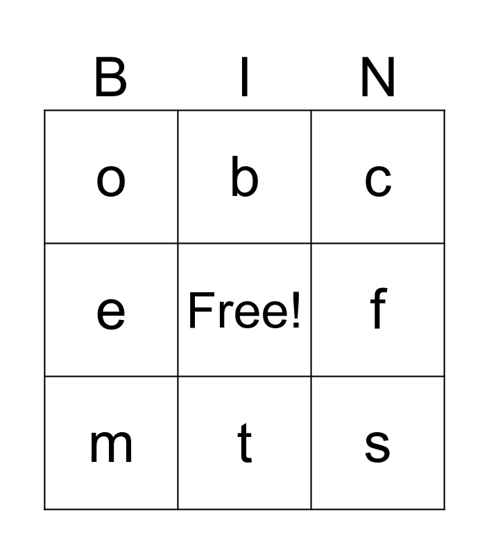 Lesson 1 Letter Recognition Bingo Card