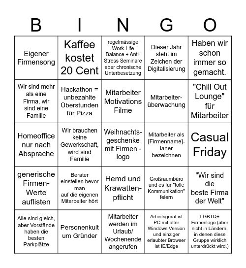 Corporate Cringe Bingo Card