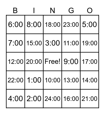 French Clock Time Bingo Card