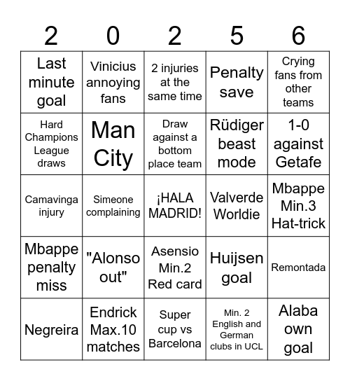 Real 2025/26 Bingo Card