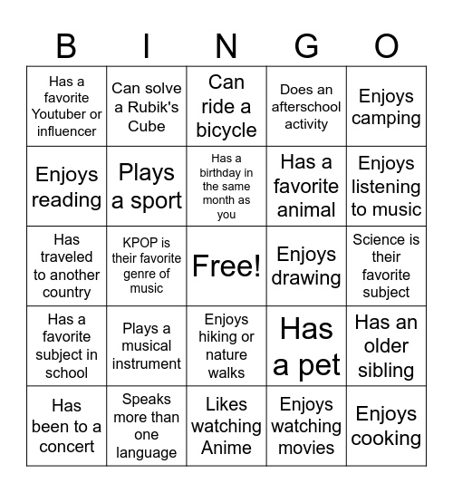 GET TO KNOW 7.A BINGO Card