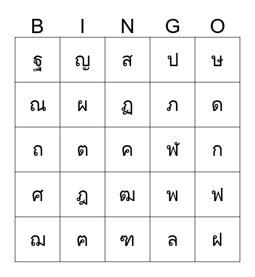 พยัญชนะไทย Bingo Card