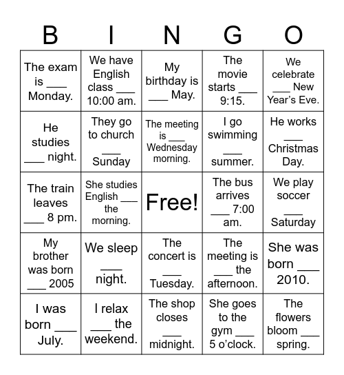 PREPOSITION IN, ON, AT Bingo Card