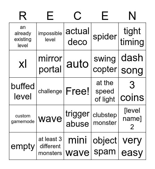 recent tab Bingo Card