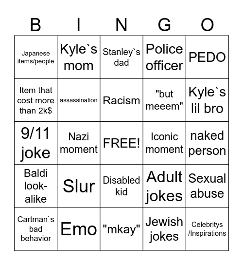My South Park bingo card. Bingo Card