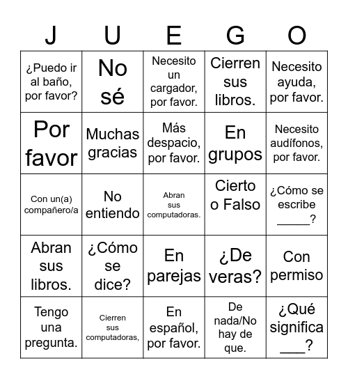 Expresiones Útiles - Español 1 Bingo Card