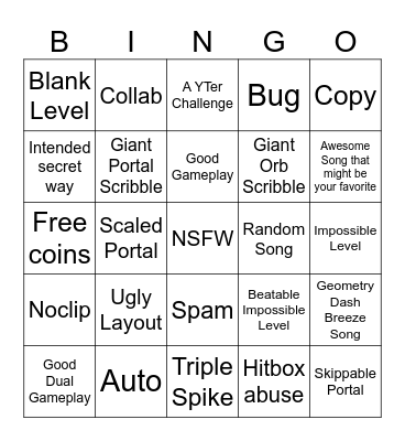 Recent Tab Bingo (Geometry Dash) Bingo Card