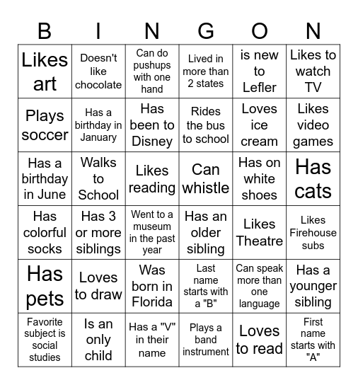 Middle School BINGO: Find someone who... Bingo Card