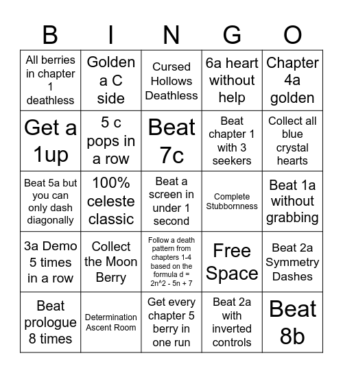 Celeste Challenges Bingo Card