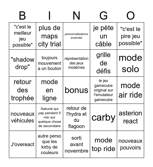 kiby air riders bingo Card