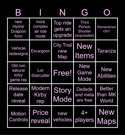 Kirby Air Riders Direct Bingo Card