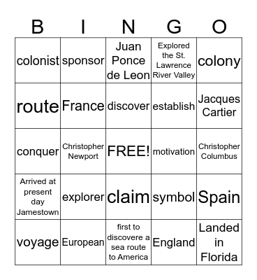 Explorers Vocabulary Bingo Card