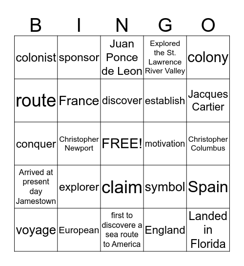 Explorers Vocabulary Bingo Card