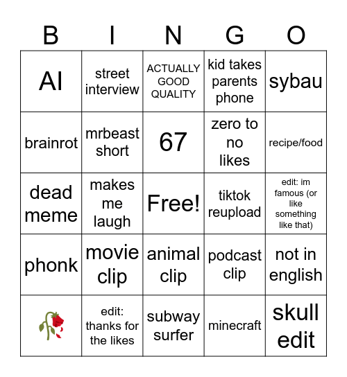 YouTube Shorts BINGO Card