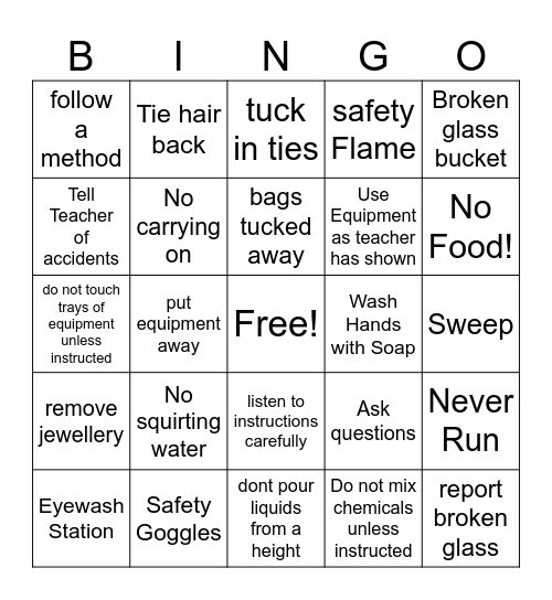Lab Safety Bingo Card