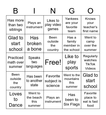 First Day of School Bingo Card