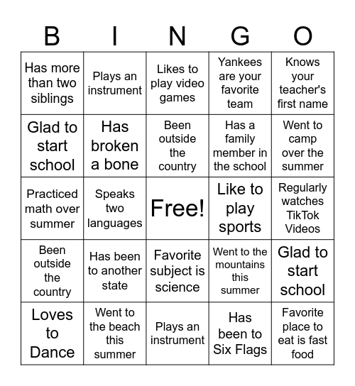 First Day of School Bingo Card