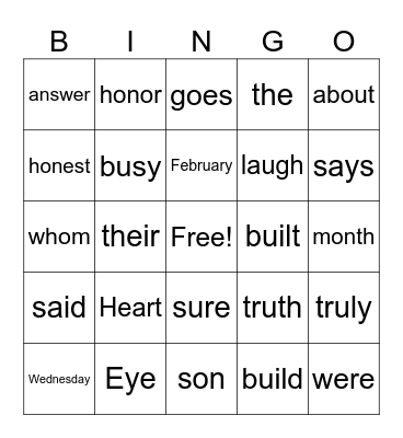 Heart Words Bingo Card