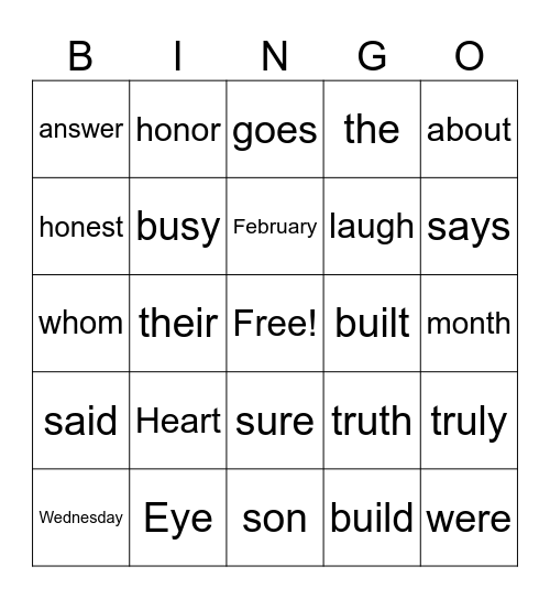 Heart Words Bingo Card