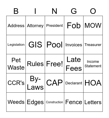 HOA BINGO Card