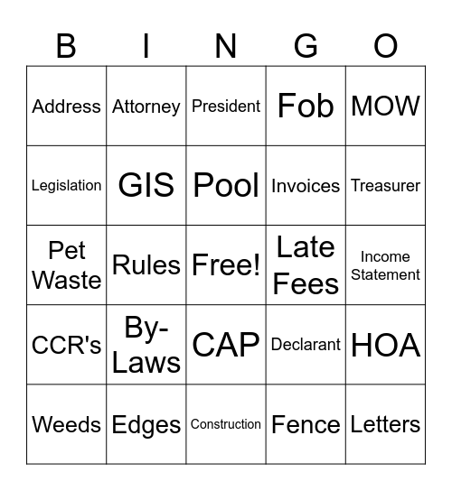 HOA BINGO Card