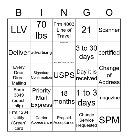 Postal Bingo Card