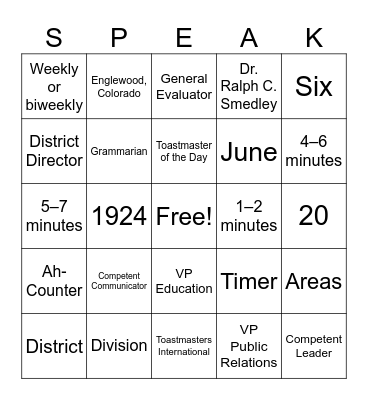 Knowing Toastmasters Bingo Card