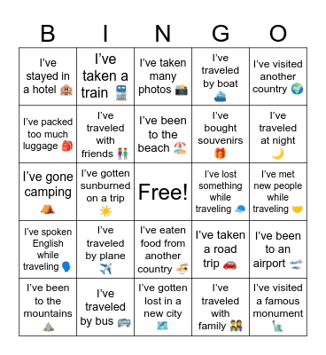travel Bingo Card
