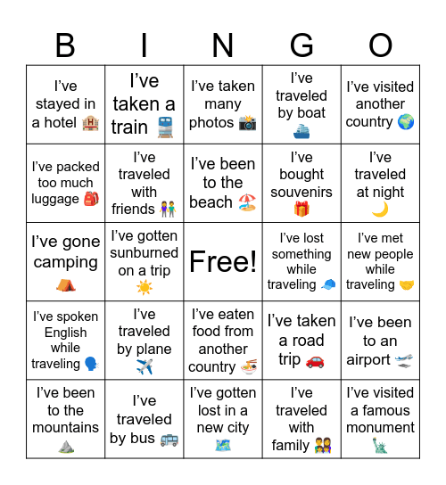 travel Bingo Card