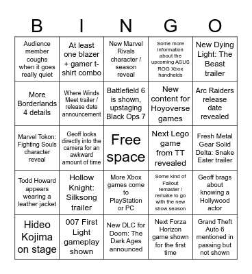 Gamescom Opening Night Live 2025 bingo card Bingo Card