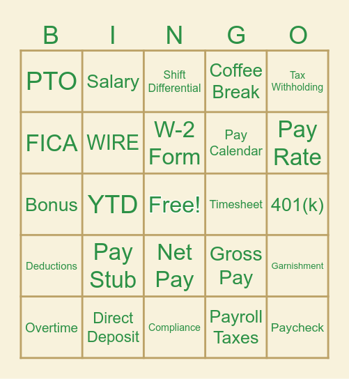 Payroll Week BINGO Card