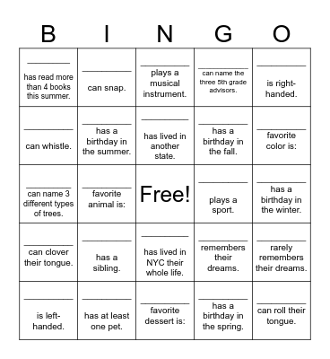 Get to Know You Bingo Card