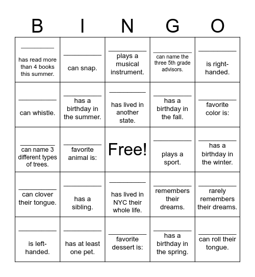 Get to Know You Bingo Card