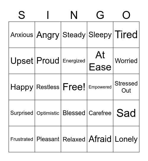 SINGO! Emotions Edition Bingo Card