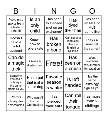Back to School Bingo Card