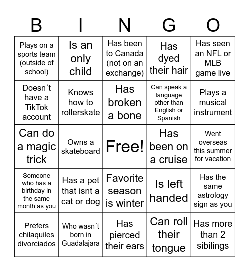 Back to School Bingo Card