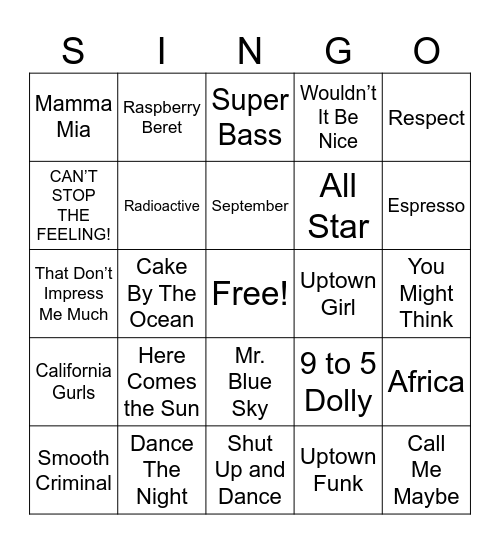 R2C SINGO Bingo Card