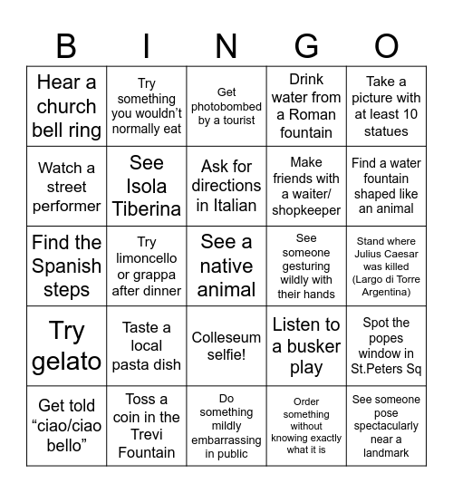 Bingo in Rome Bingo Card