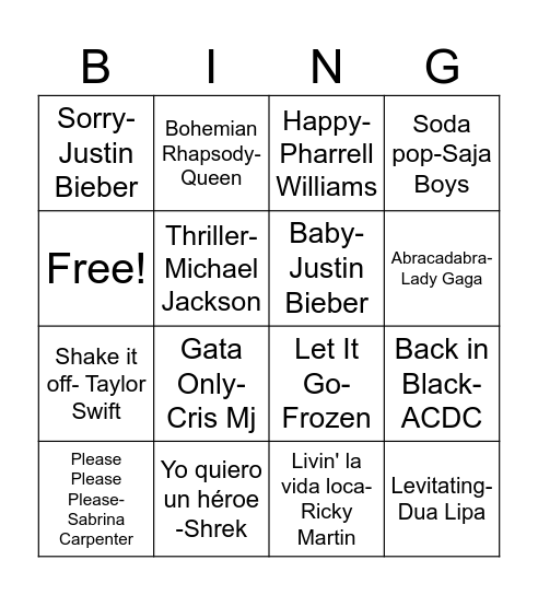 Music Bingo Card