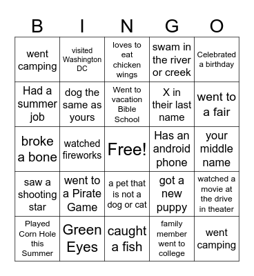 Back to School Bingo Card