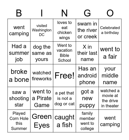 Back to School Bingo Card