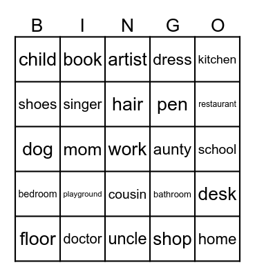 nouns Bingo Card