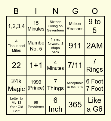 Numbers Musical Bingo Card