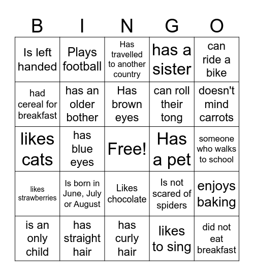 Getting to Know you! Bingo Card