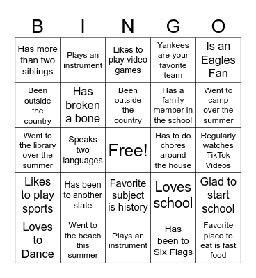 First Day of School Bingo Card