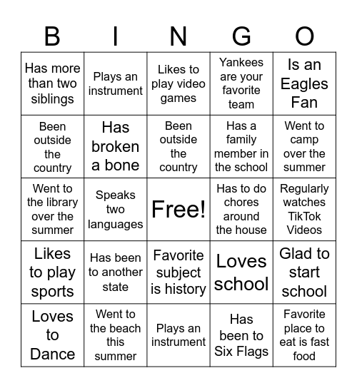 First Day of School Bingo Card