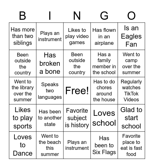 First Day of School Bingo Card