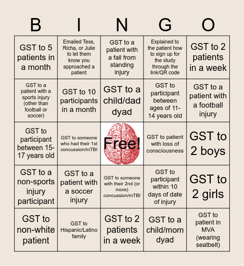 November MOST mTBI Study Recruitment Bingo Card