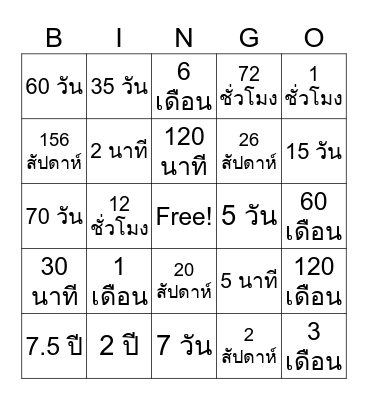 Time Unit Bingo Card